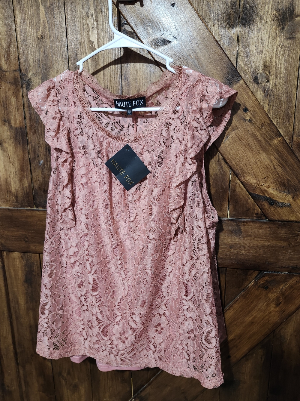 Haute Fox Women's Dusty Rose Lace Ruffle-Sleeve Witg Attached Camisole 3x Nwt